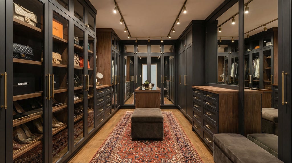 Boutique-style walk-in wardrobe with glass-front display cabinets for bags and shoes