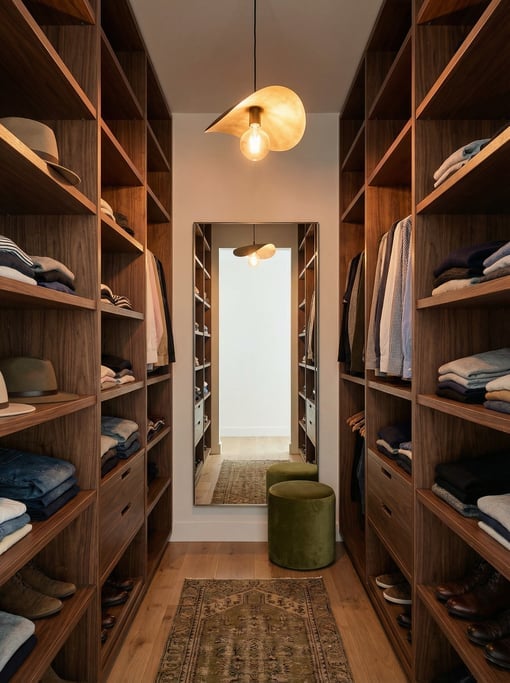 Narrow galley-style wardrobe with walnut open shelving on both sides