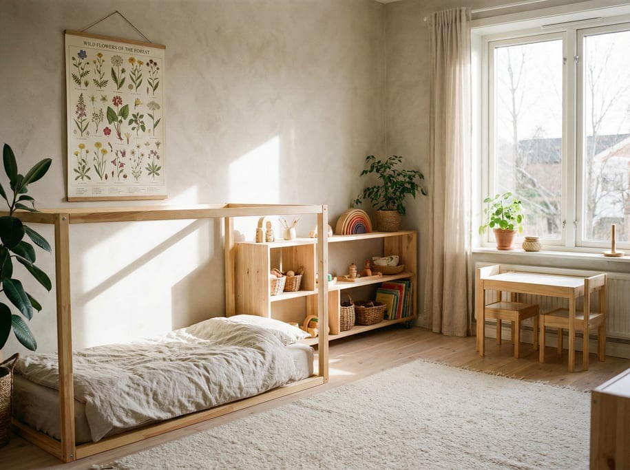 Montessori-inspired kids room with a floor bed on a low frame, accessible wooden toy shelves