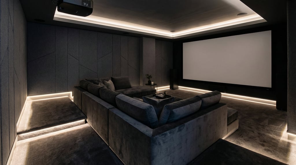 Modern home cinema room with a deep charcoal velvet sectional