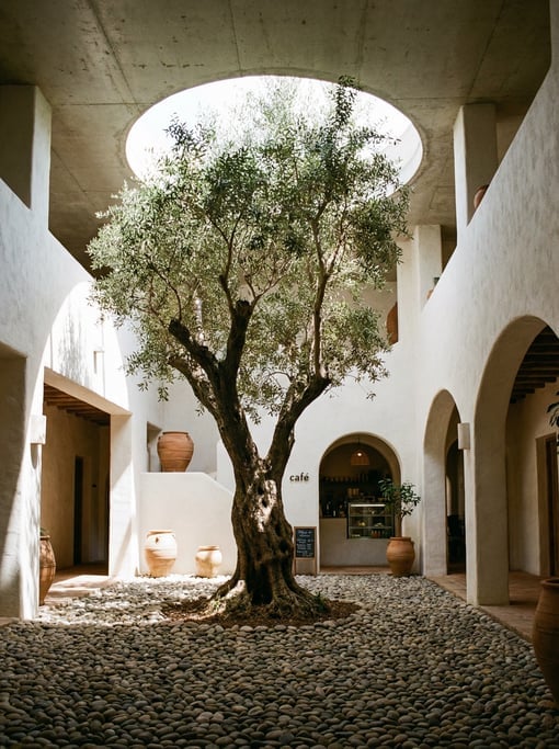 Indoor atrium with a single olive tree growing through an opening in the roof, whitewashed walls