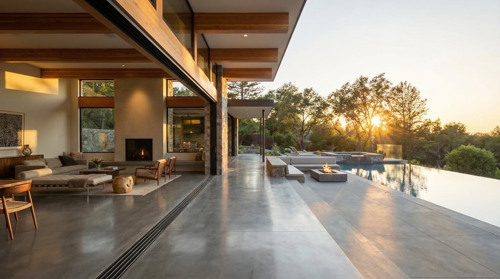 Modern glass-walled indoor-outdoor living space with the sliding panels fully retracted