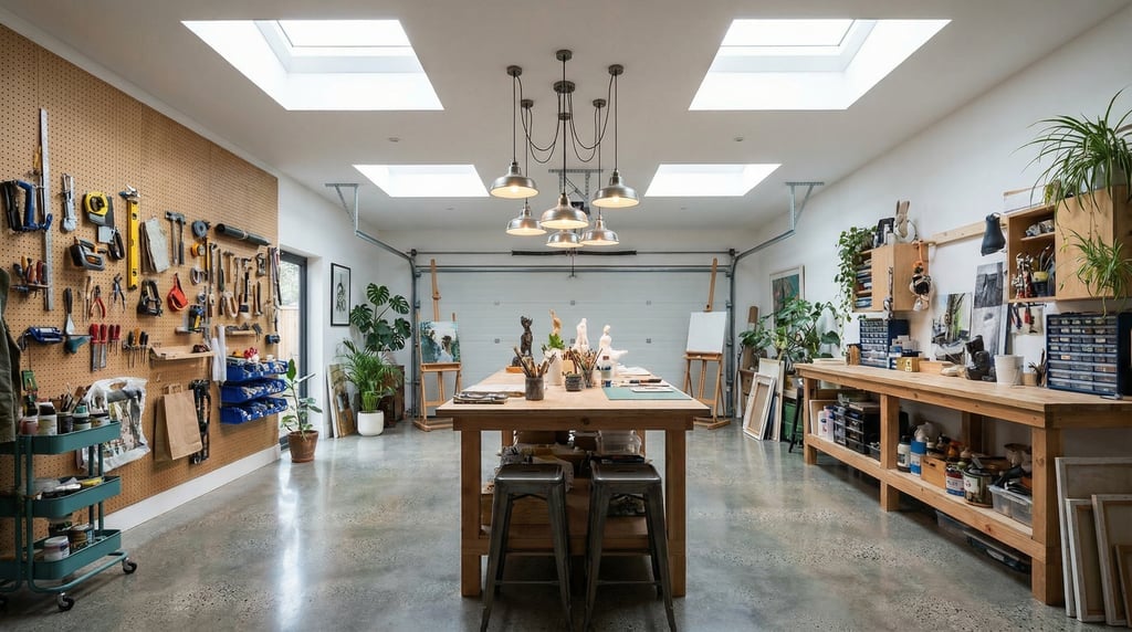 Modern garage converted into a creative studio with polished concrete floors, a large workbench