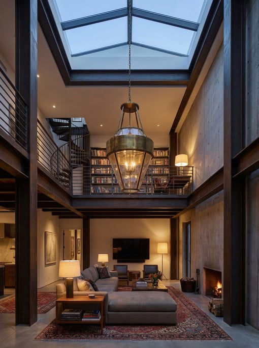 Tall double-height living room with a mezzanine library balcony above