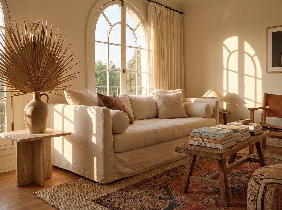 Living room with a cream linen daybed beside a tall arched window
