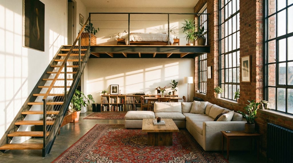 Loft apartment with a mezzanine sleeping area above, open-plan living below with a vintage rug