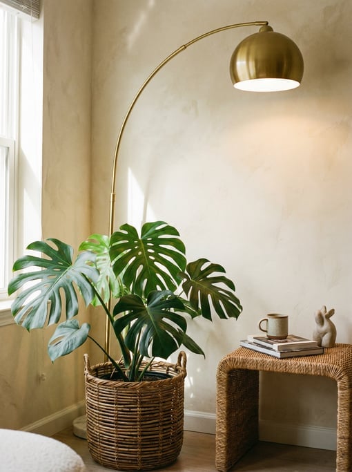 Corner vignette of a living room with a potted monstera in a rattan basket