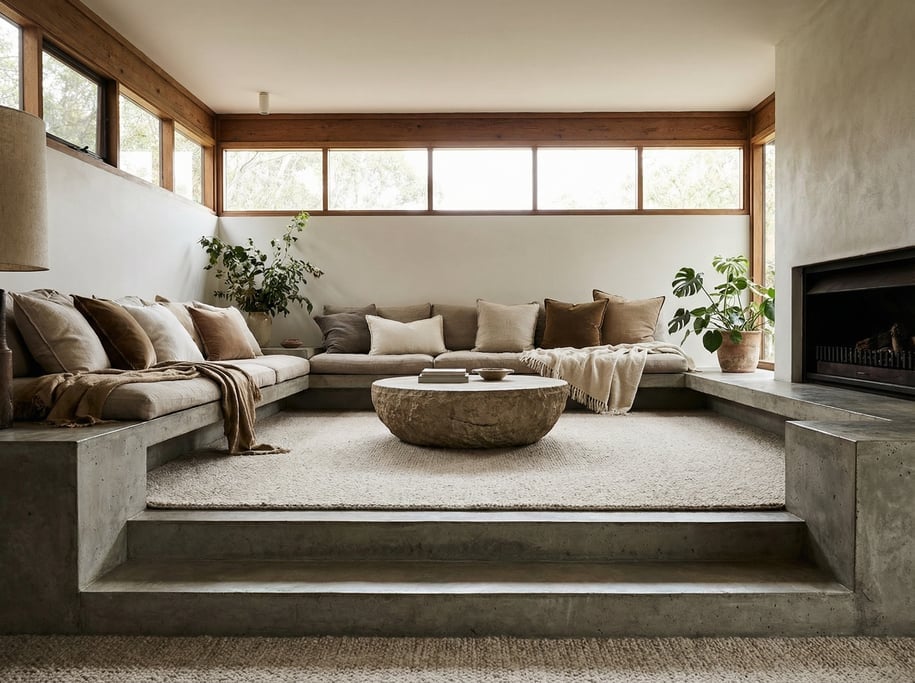 Sunken living room with two steps down to a plush carpet area, built-in concrete bench seating