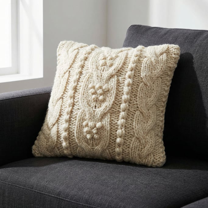 Close-up of a textured throw pillow in chunky cream wool on a dark charcoal sofa