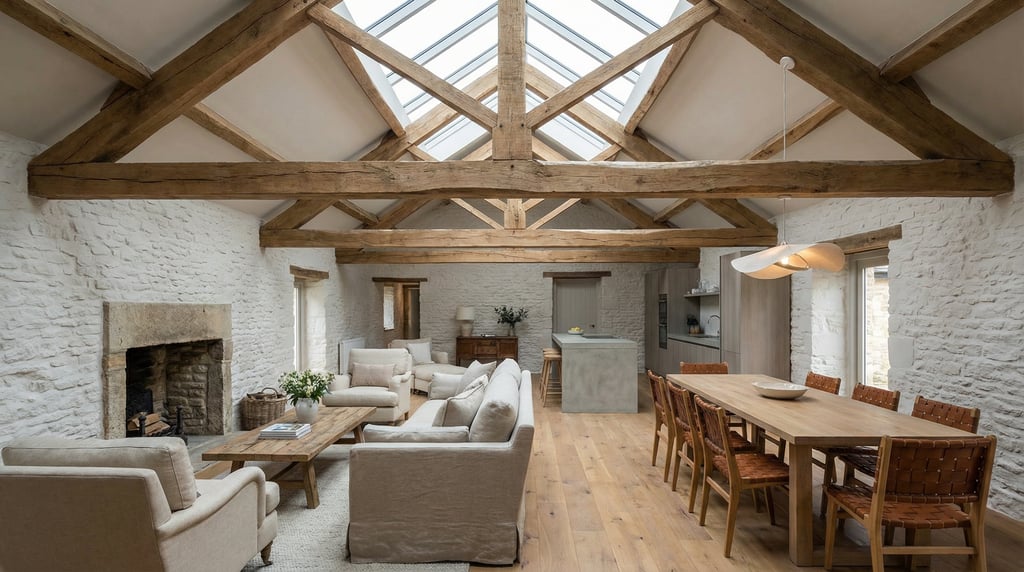 Open living and dining space in a converted barn with original timber trusses