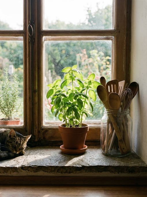 Vertical shot of a kitchen window with a deep sill, glass jar of wooden utensils, a small herb pot