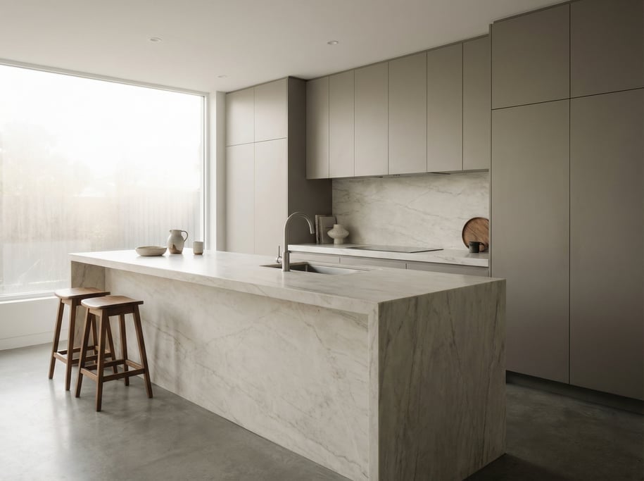 Minimalist kitchen with a single-slab quartzite countertop, under-mount sink