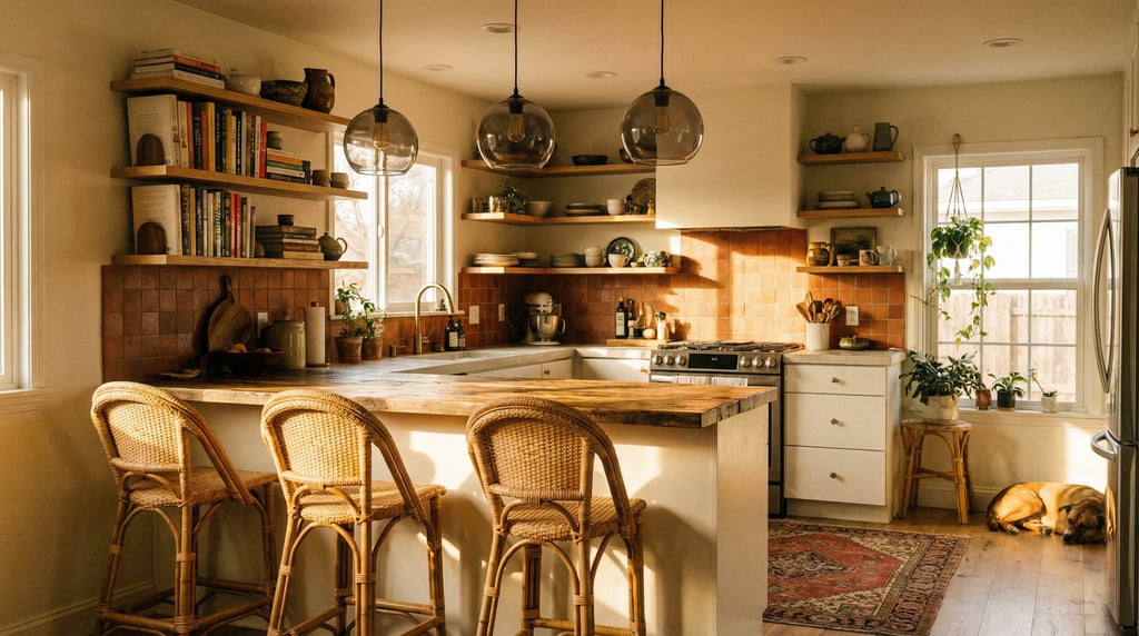 L-shaped kitchen with a breakfast bar, rattan counter stools, pendant lights in smoked glass