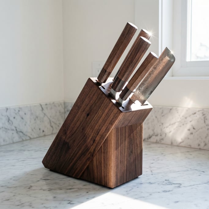Detail of a kitchen knife block in dark walnut on a marble counter, three Japanese knives visible