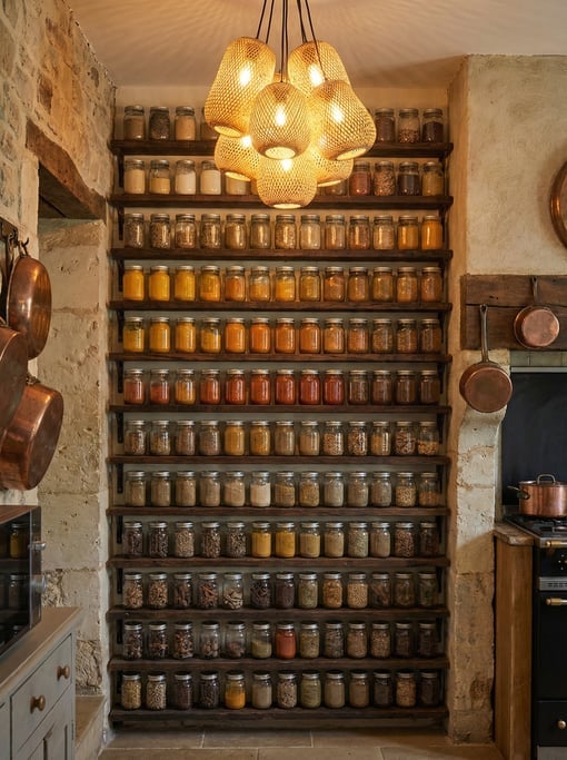 Floor-to-ceiling spice rack in a kitchen alcove with glass jars on dark wooden shelves