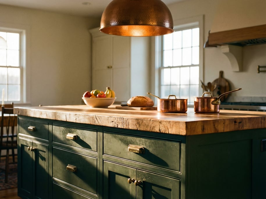 Kitchen island with a thick butcher block maple top, dark green painted base cabinets
