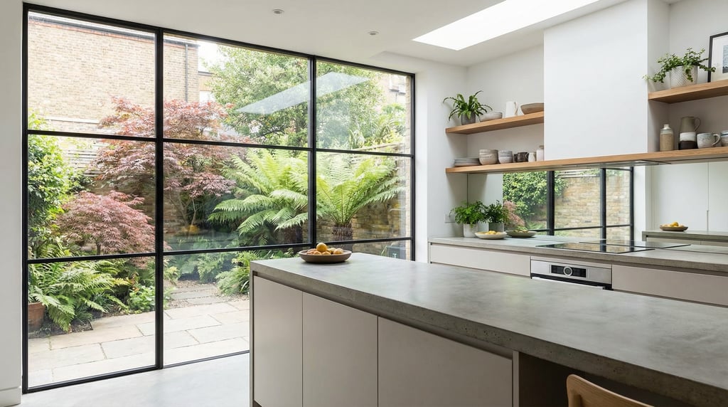 Modern kitchen with a full-height glass splashback looking into a courtyard garden