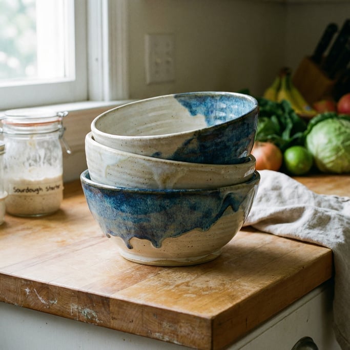 Close-up of hand-thrown ceramic mixing bowls stacked three-deep in cream and blue glazes on a kitche
