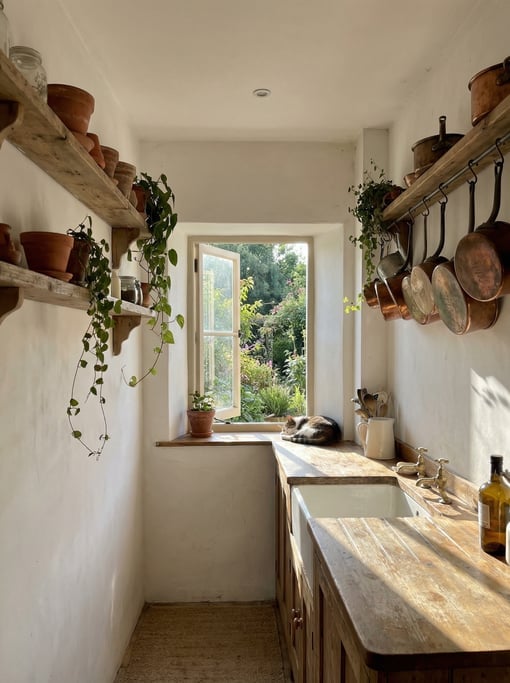 Narrow kitchen with a single window at the end framing a garden view, white walls
