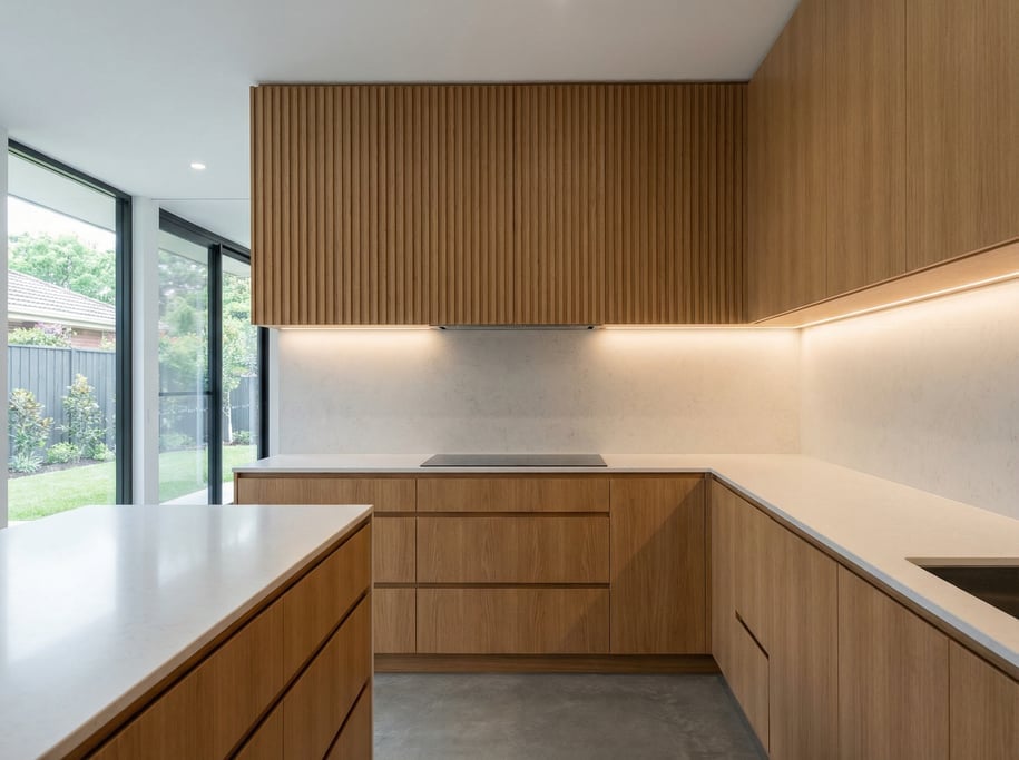 Modern kitchen with a hidden range hood behind a fluted timber panel