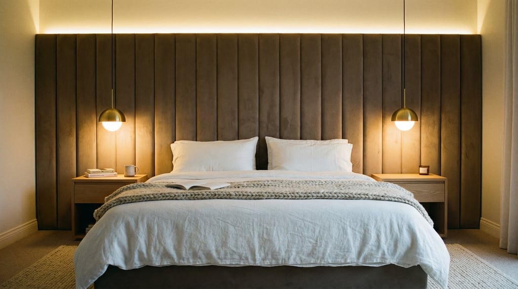Bedroom with a full-wall upholstered headboard in soft mushroom velvet