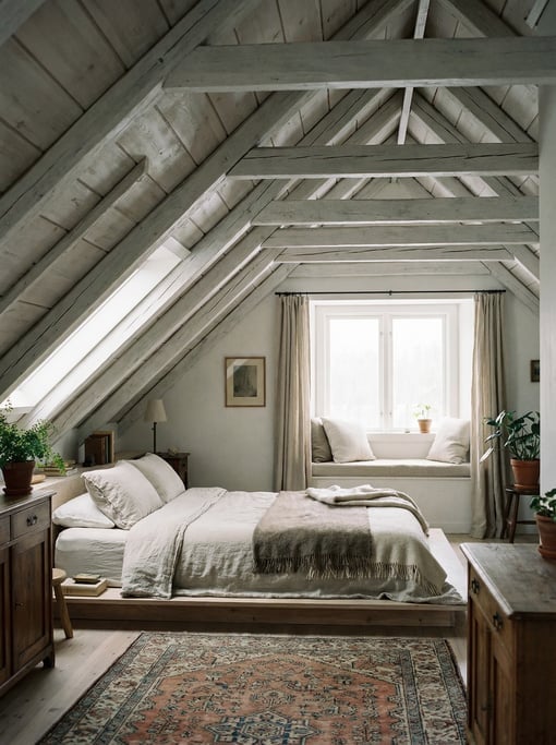 Attic bedroom with exposed whitewashed rafters, a low bed under the sloped ceiling