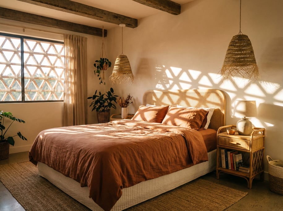 Bedroom with a cane headboard, terracotta linen sheets, woven pendant lights, a rattan nightstand