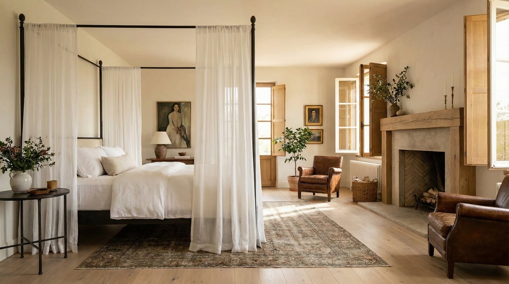 Master bedroom with a four-poster bed in dark iron, sheer white canopy panels, pale wood floors