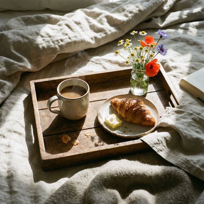 Overhead detail of a breakfast tray on a bed with a ceramic mug, croissant on a plate
