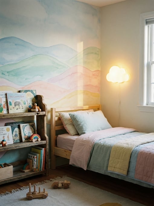 Children bedroom with a mural of rolling hills in soft watercolors on the wall behind a simple woode