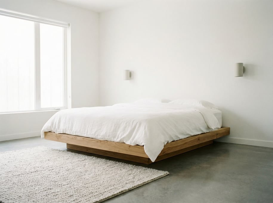 Minimalist bedroom with a floating platform bed, no headboard, two flush-mount wall lights