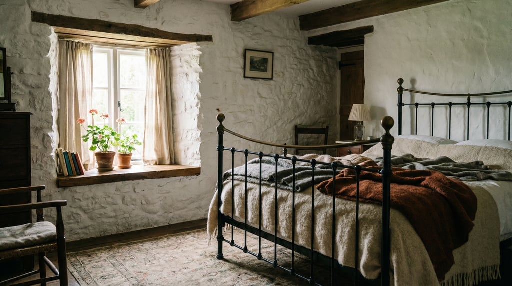 Rustic bedroom in a stone cottage with thick whitewashed walls