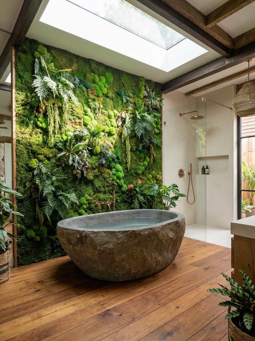 Bathroom with a vertical garden wall of preserved moss and ferns behind a freestanding stone tub