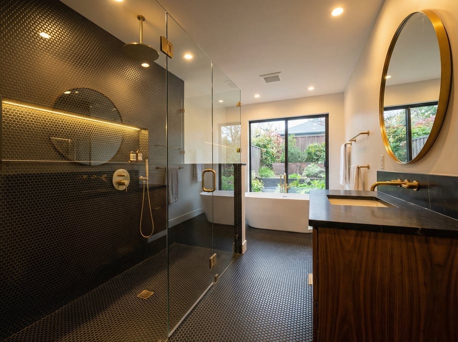 Modern bathroom with penny-round tiles in matte black covering the floor and shower walls