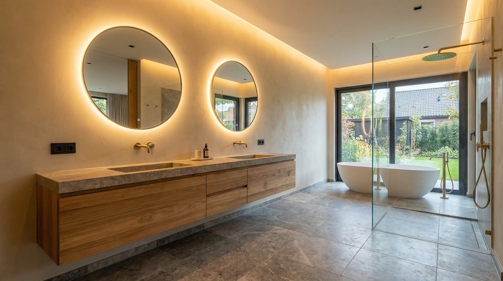Ensuite bathroom with a long floating double vanity in natural teak