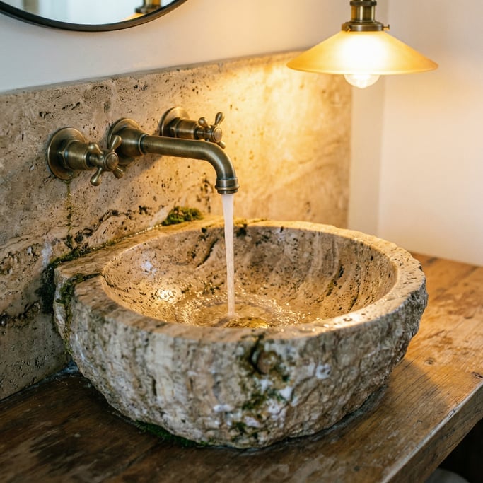 Close-up of a stone vessel sink with a wall-mounted brass faucet, water running into the basin