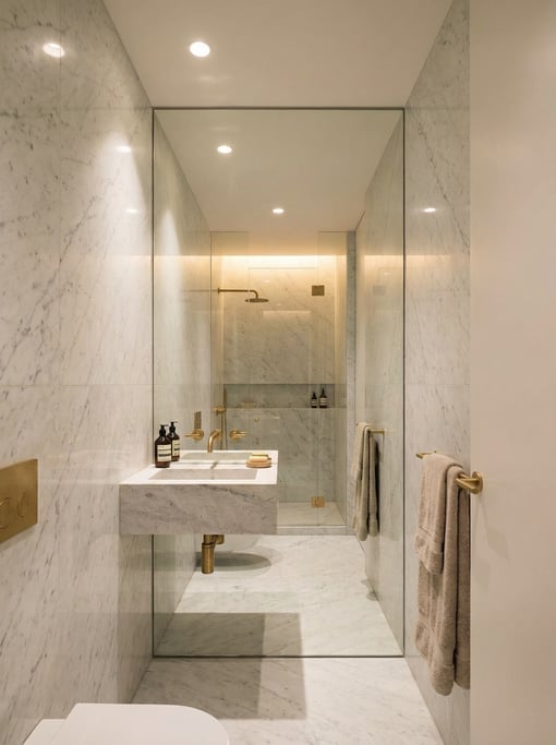 Narrow guest bathroom with floor-to-ceiling white marble slabs, a small wall-mounted sink