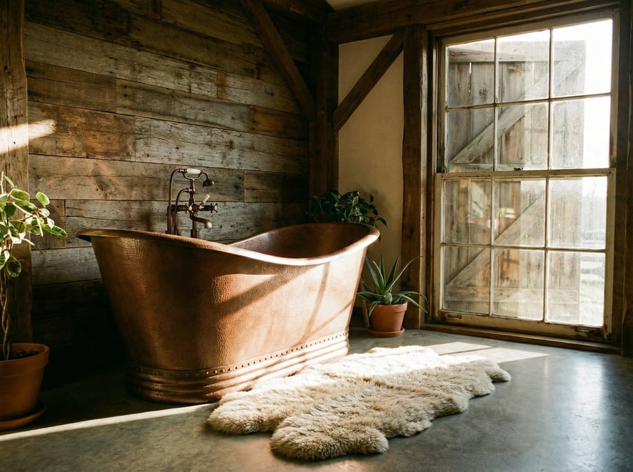 Rustic bathroom with a copper soaking tub, reclaimed wood wall behind