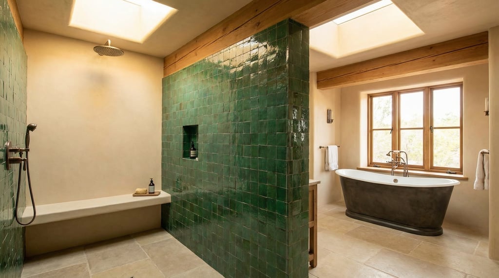 Large bathroom with a shower room separated by a half-wall in green zellige tiles