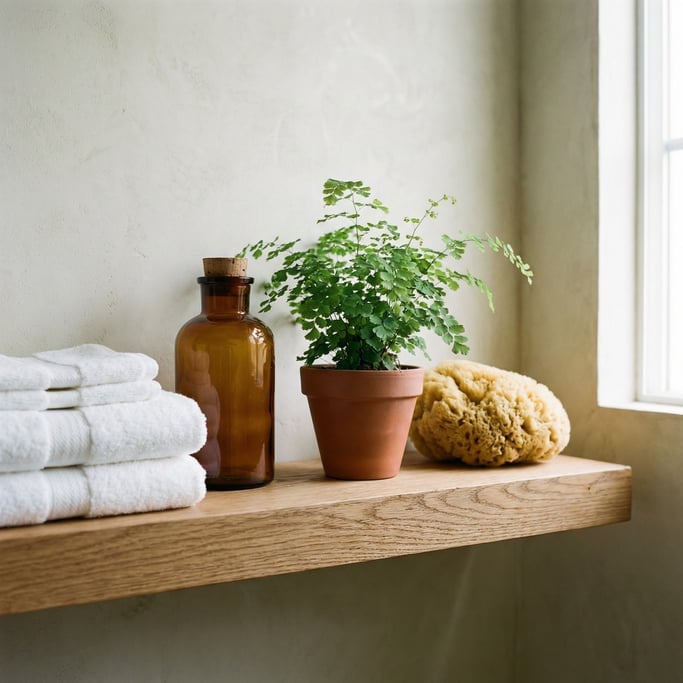 Detail of bathroom shelving: folded white towels, an amber glass bottle, a small potted fern