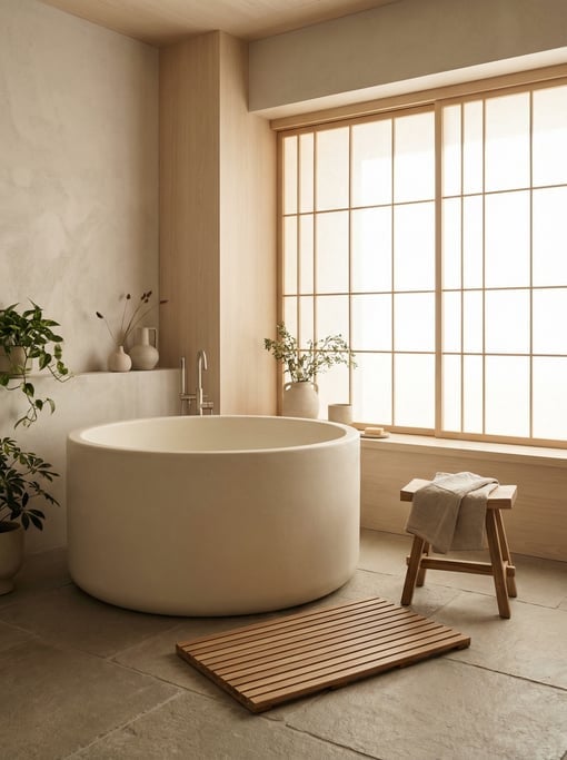 Japandi bathroom with a timber slatted bath mat, a deep ceramic soaking tub