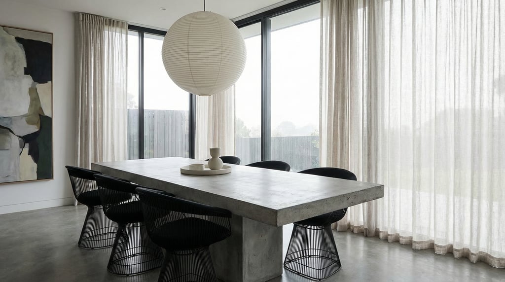 Modern dining room with a thick concrete table, sculptural black wire chairs