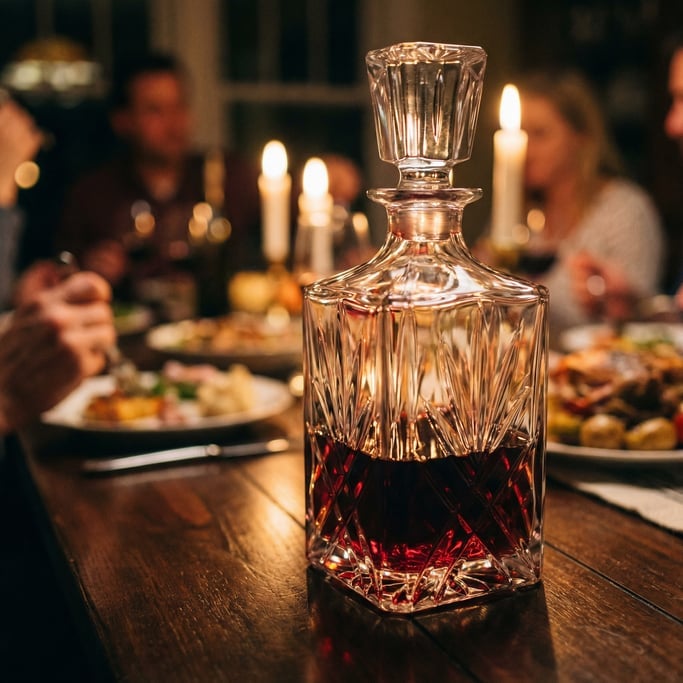 Close-up of a crystal wine decanter on a dark dining table, red wine inside catching candlelight