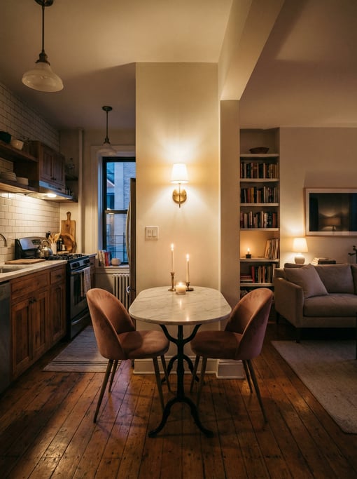 Narrow galley dining area between kitchen and living room, a slim marble bistro table