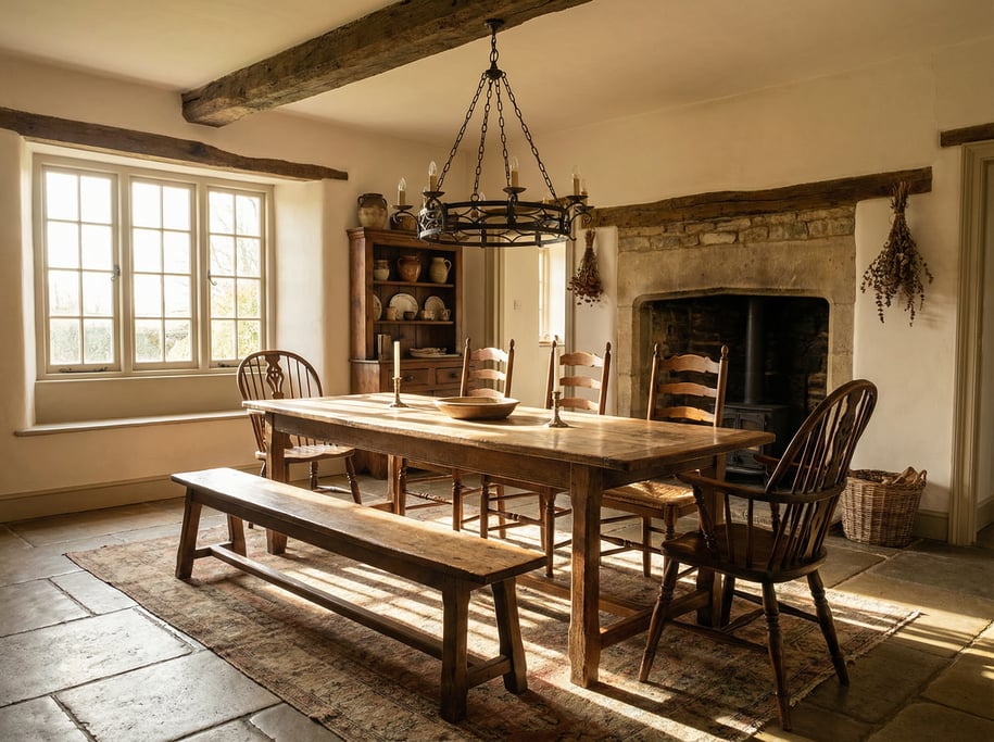 Farmhouse dining room with a long refectory oak table, bench seating on one side