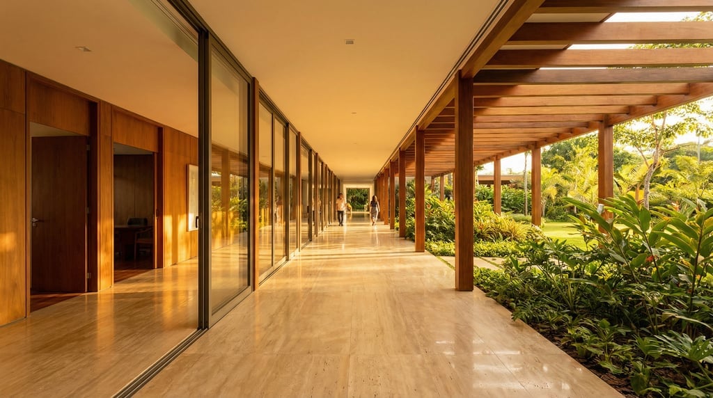 Wide corridor connecting indoor rooms to a covered outdoor walkway through full-height glass panels