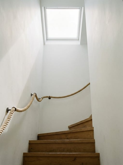 Stairwell with a single skylight at the top flooding the white-walled shaft with diffused daylight