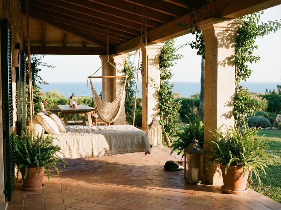 Covered veranda with a hanging daybed in natural linen, woven hammock chair beside it