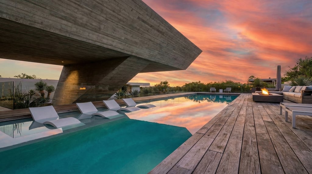Modern pool deck with a cantilevered concrete overhang providing shade