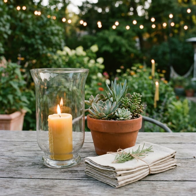 Detail of an outdoor table centerpiece with a hurricane glass lantern, a potted succulent
